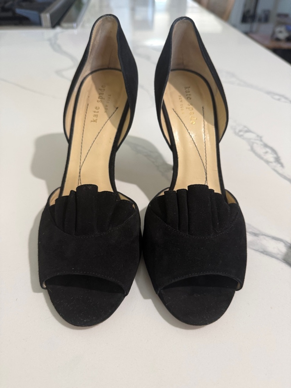 kate spade Black Suede Peep-Toe D'Orsay Heels with Pleated Vamp